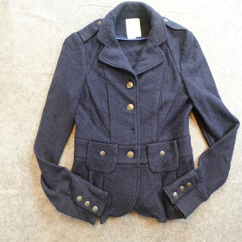 Anthropologie Jacket Women 2 Navy Wool Military Peplum Tailored Button Elevenses